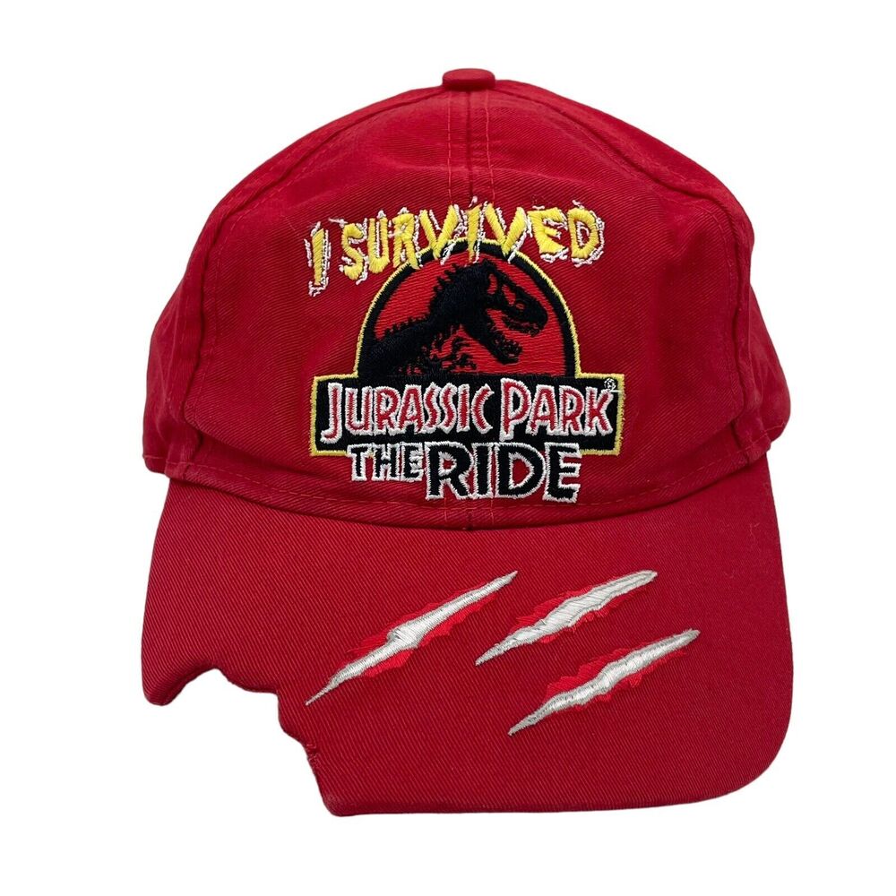 Jurassic Park Hat Red Youth I Survived The Ride Universal Studios 90s Bite
